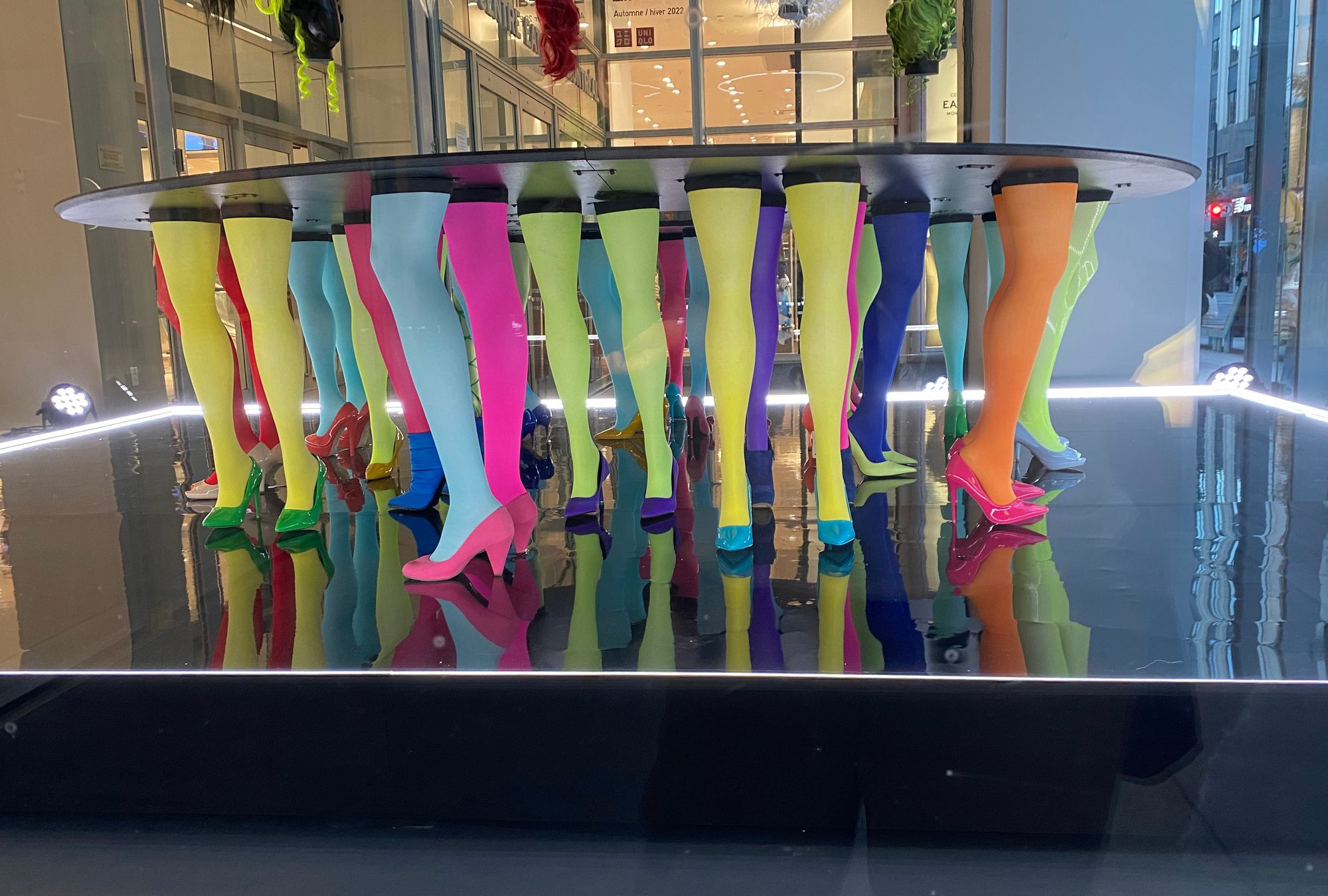 Colourful leggings on display in a shopping mall window