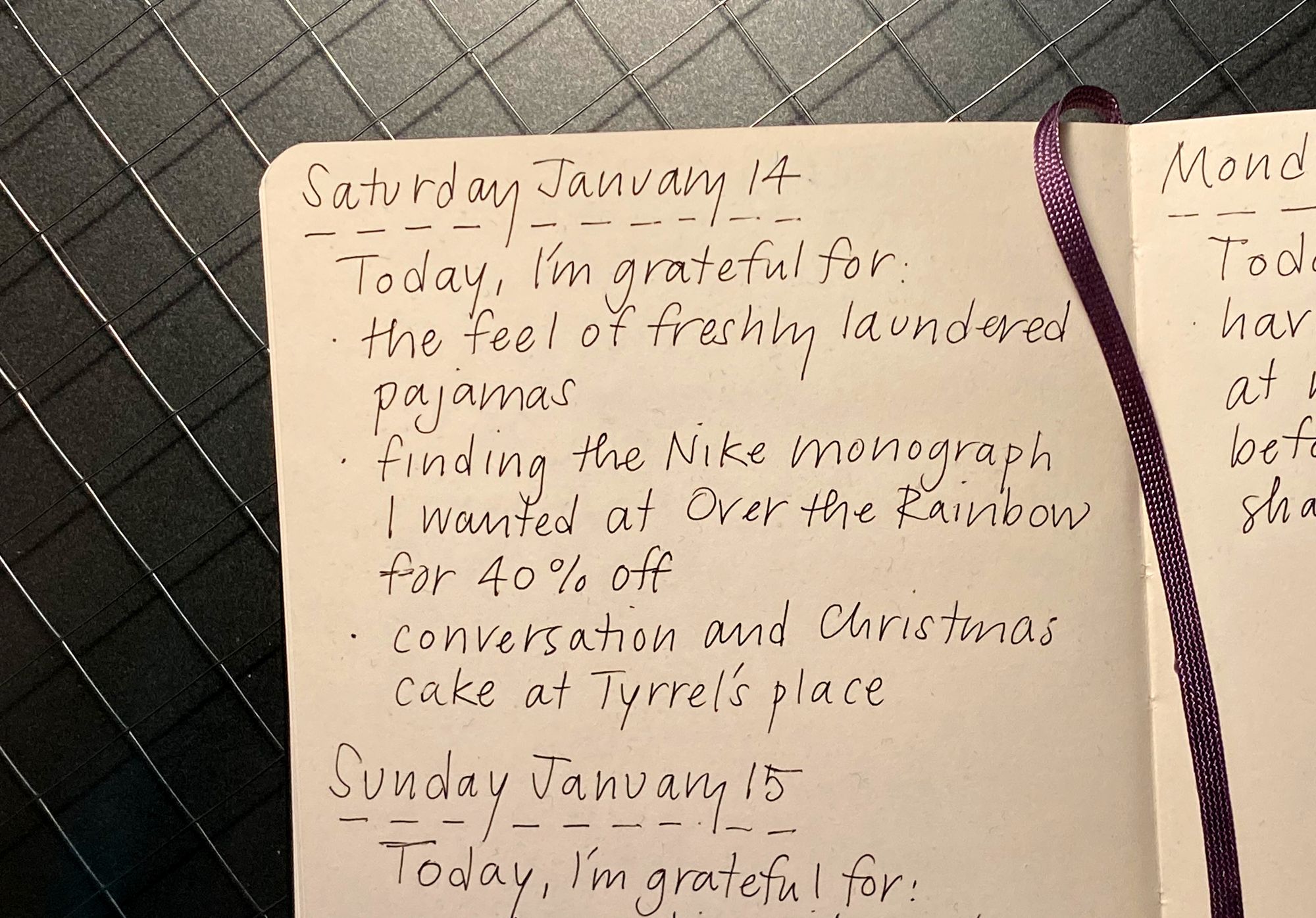 Detail of a page of Guy's gratitude journal.