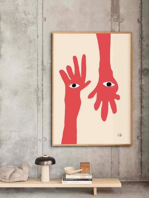 Poster showing two red hands painted in a child-like way, each with an eye in its palm