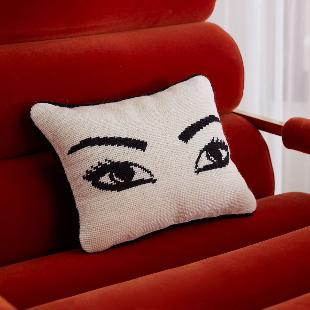 Needlepoint pillow by Jonathan Adler showing a pair of eyes and eyebrows