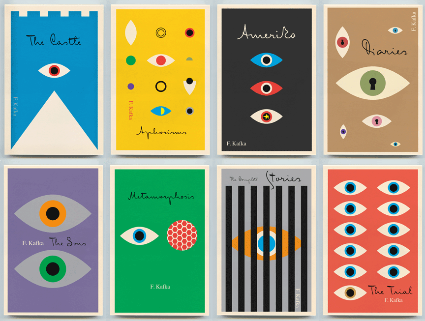 Eight book covers of Kafka titles, each using an abstracted eye motif as part of the design