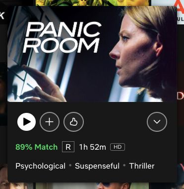 Netflix tile for the movie Panic Room, including the words Psychological, Suspenseful, and Thriller.