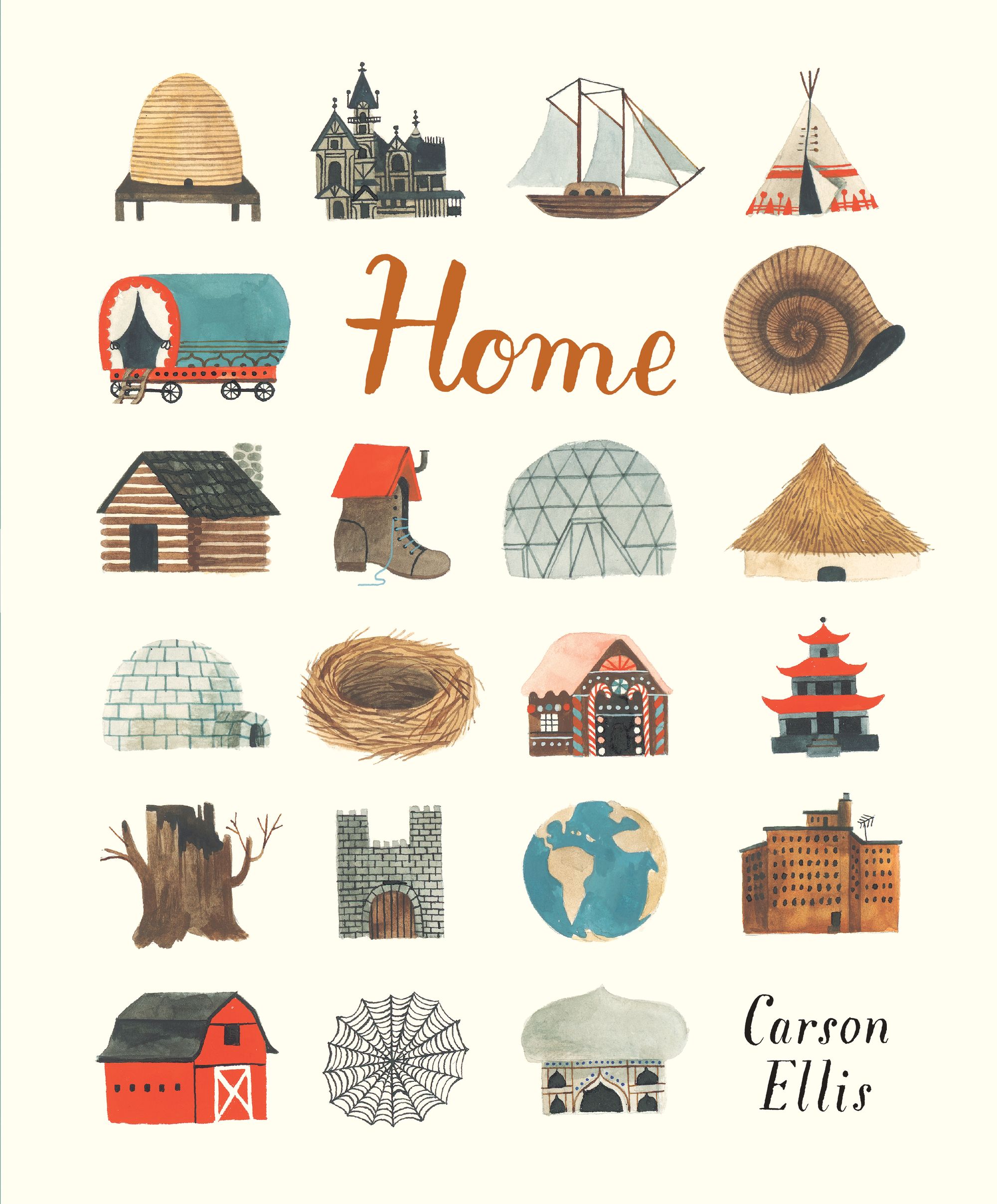 Cover of the picture book Home by Carson Ellis, featuring illustrations of 21 different kinds of dwelling, arranged in a grid format.