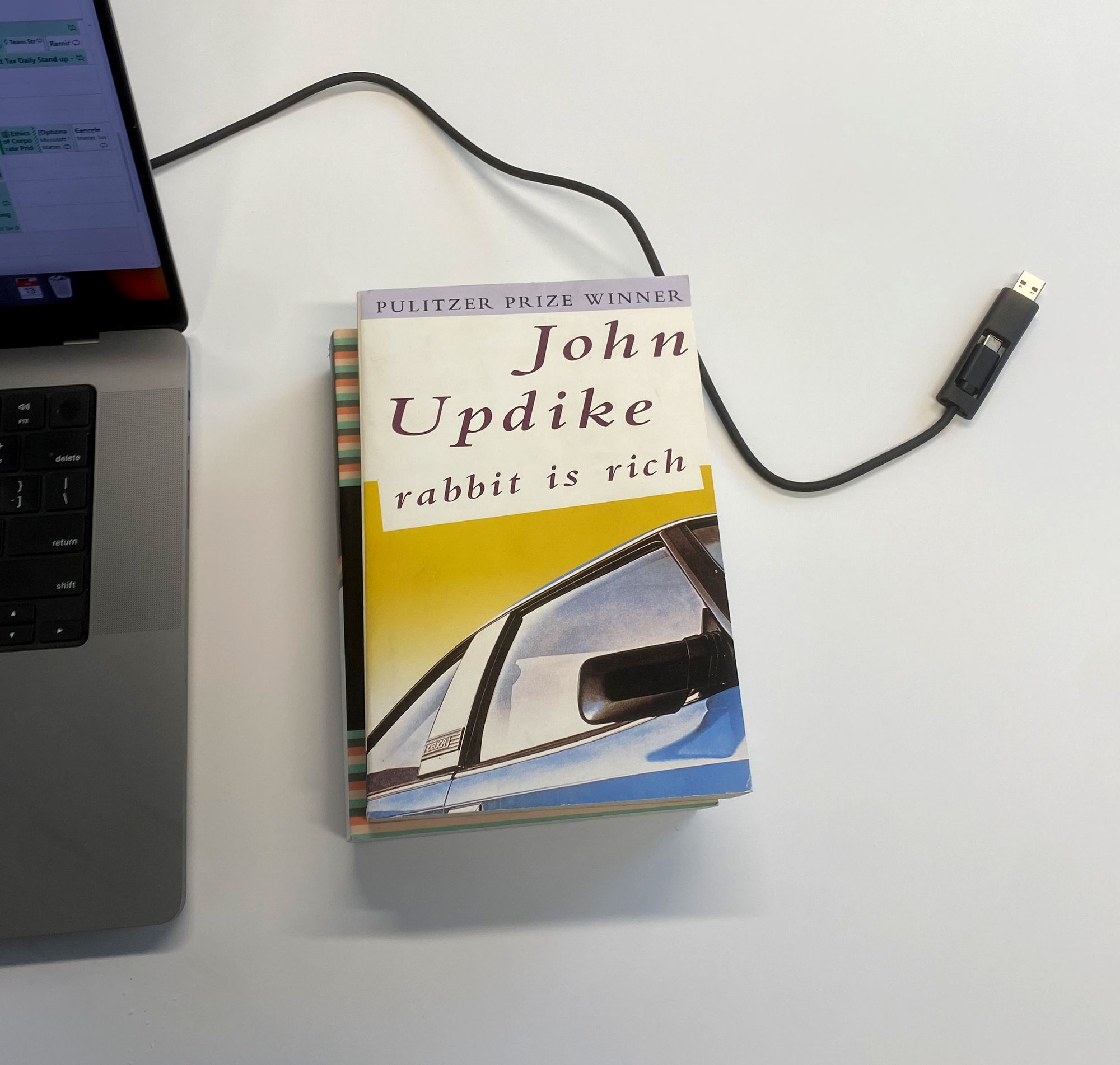 "Rabbit Is Rich" by John Updike beside a laptop on a desk surface.