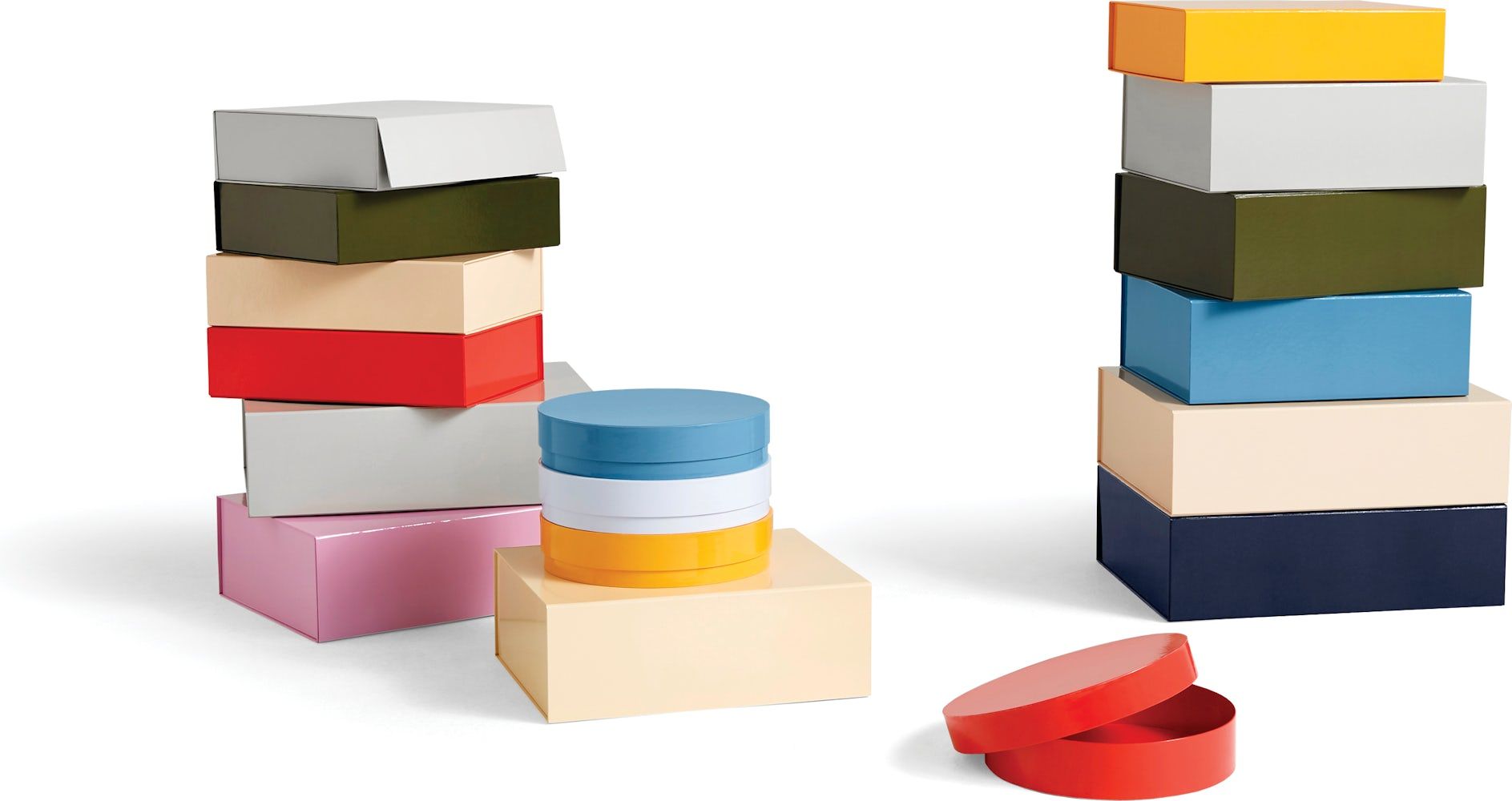 An arrangement of colourful storage containers.