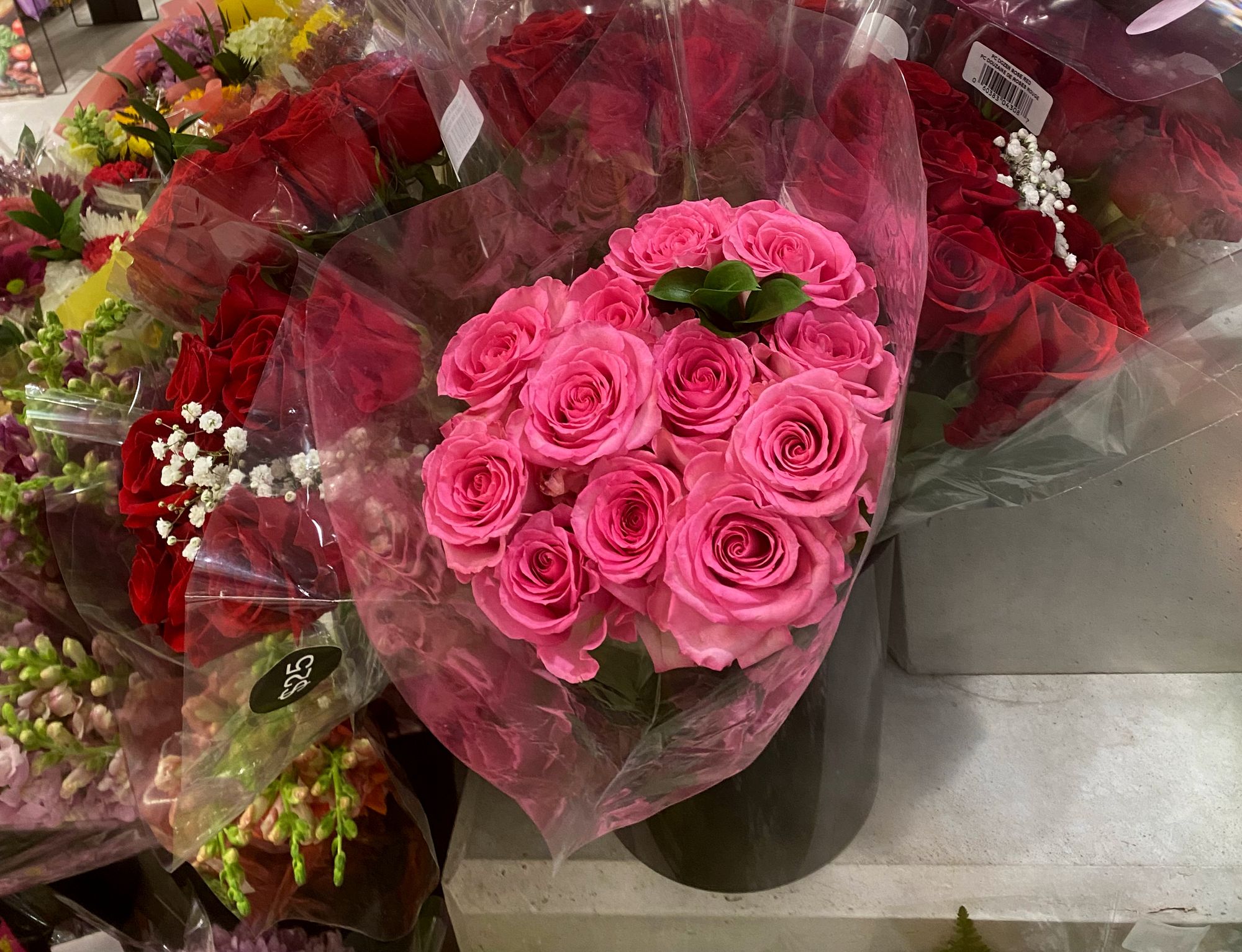 A bouquet of bright pink roses.