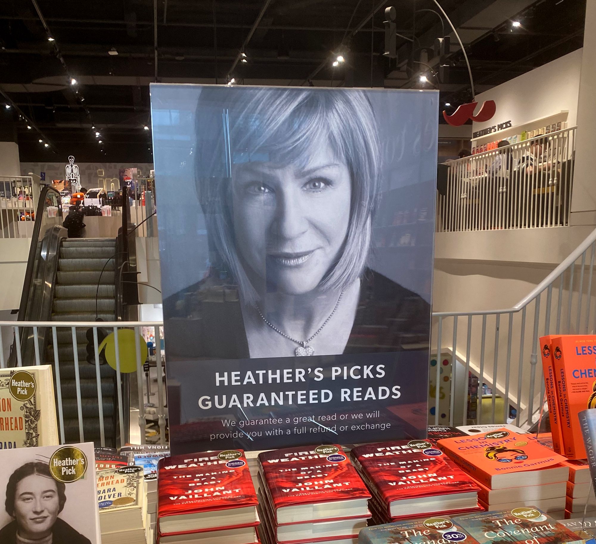 Photo of Indigo's former CEO presiding over a table piled high with books.