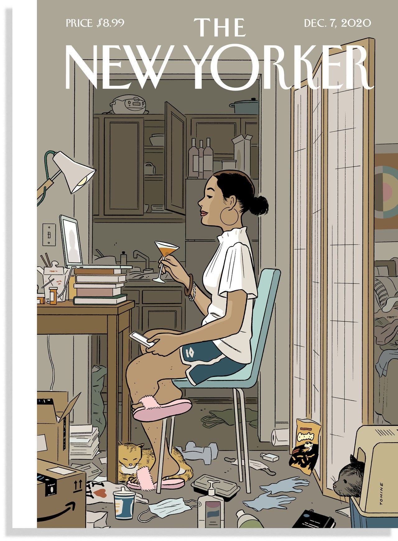 New Yorker cover by Adrian Tomine showing a woman in a messy apartment having a virtual date via her laptop.