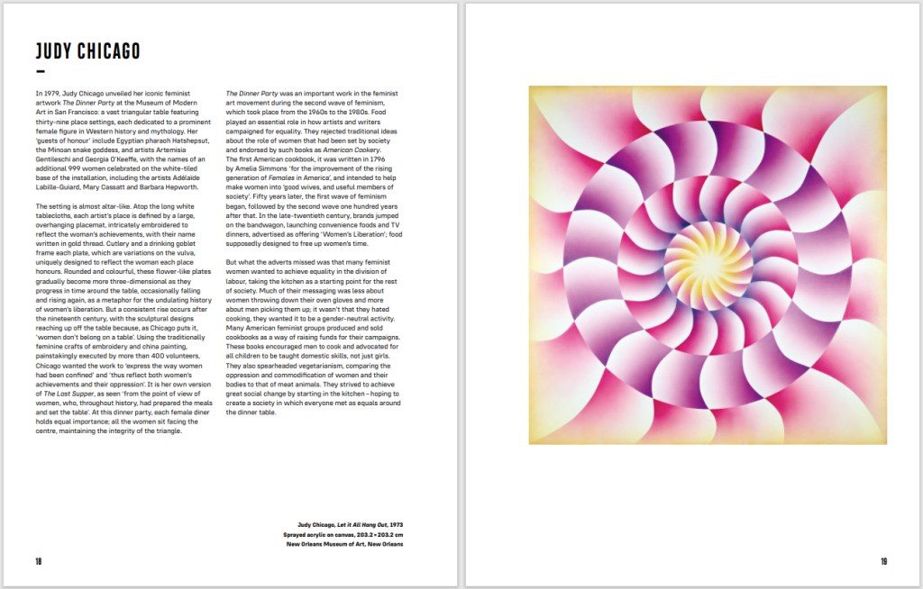 Judy Chicago bio on the left page, mandala-like Chicago painting on the right page.