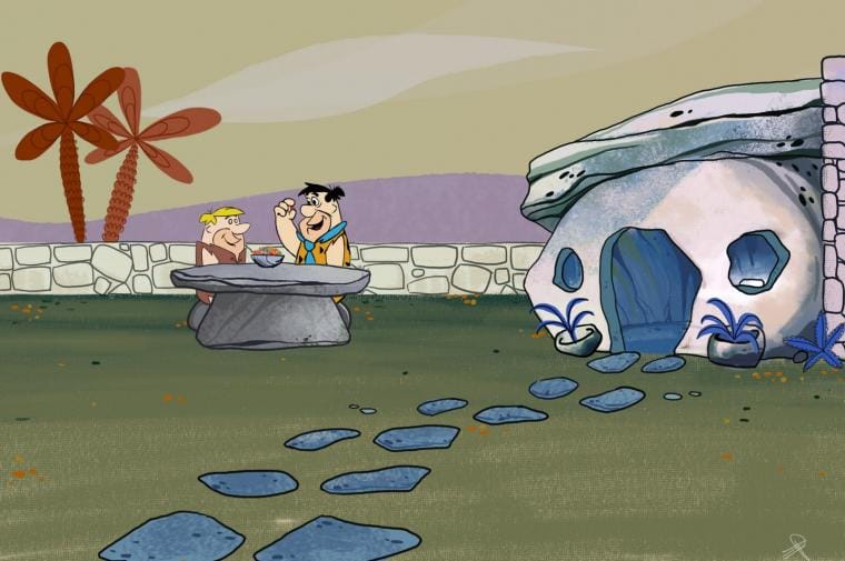 Still from The Flintstones with two trees in the background whose leaves are oval-shaped.