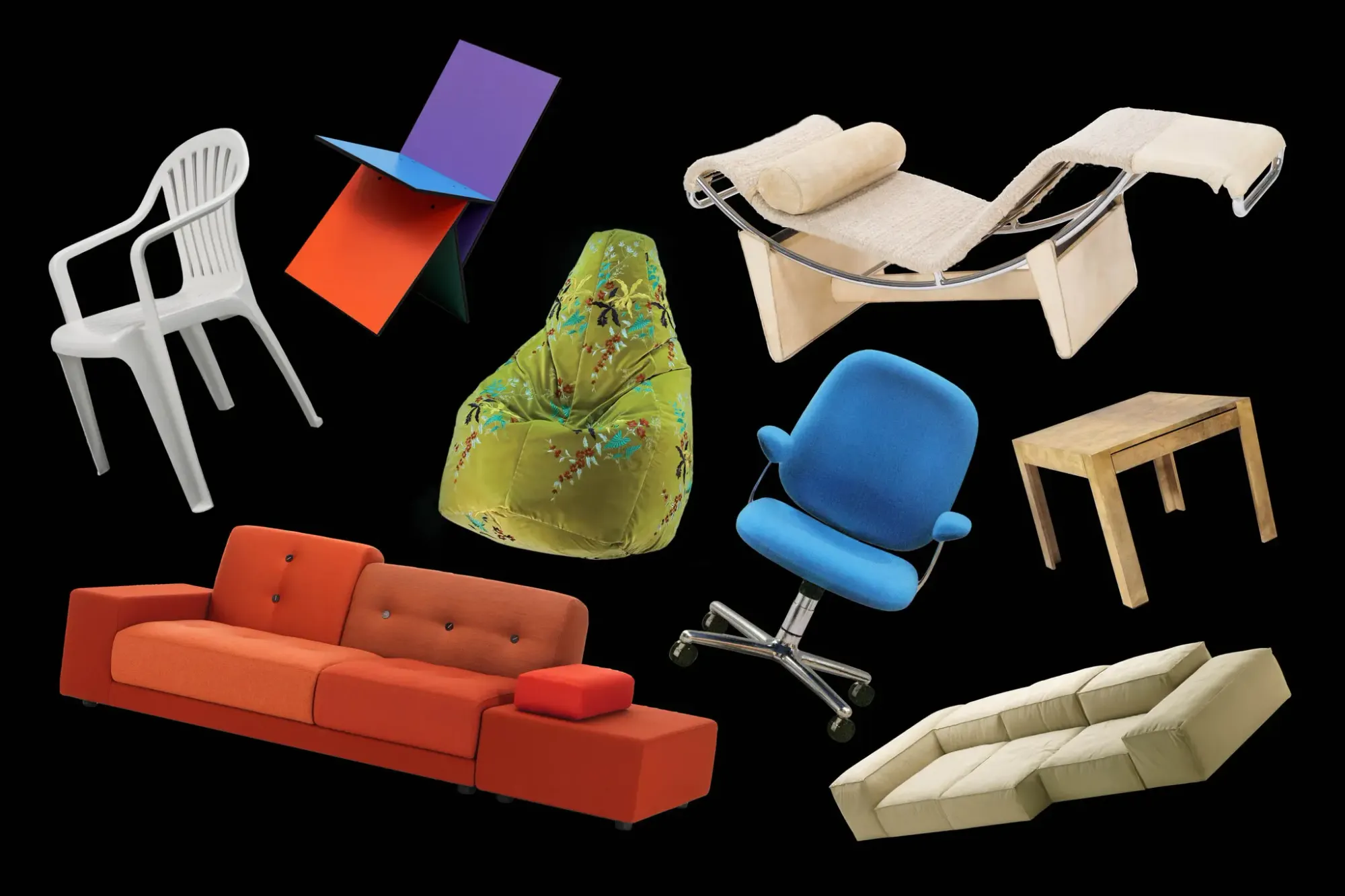 Eight of the furniture items from the list against a black background.