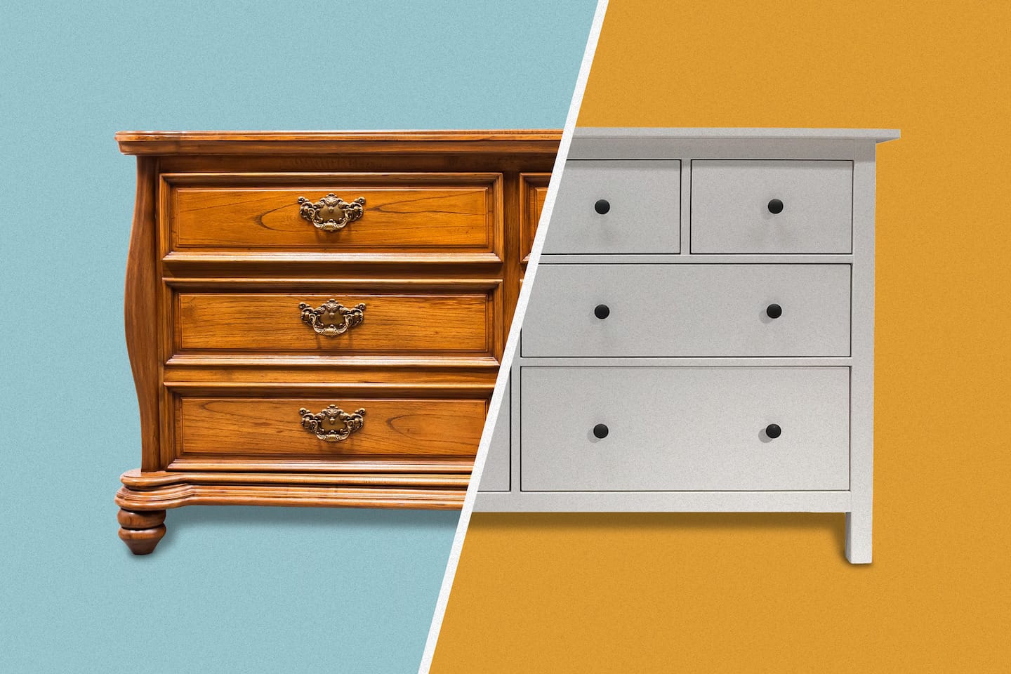 Split screen image of a dresser, an antique version on the left and a contemporary version on the right.