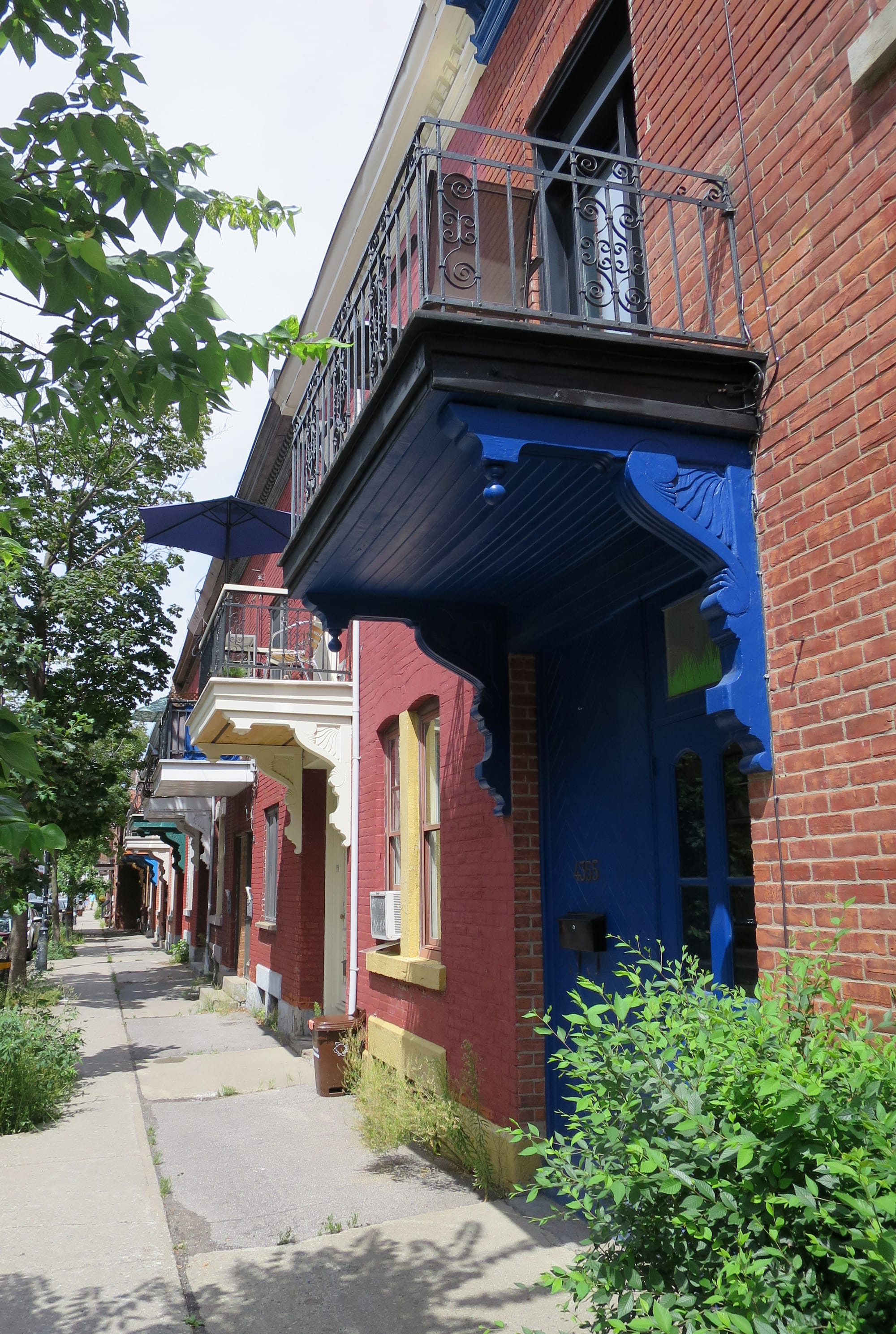 Street with identical moldings above the entrances, painted different colours.