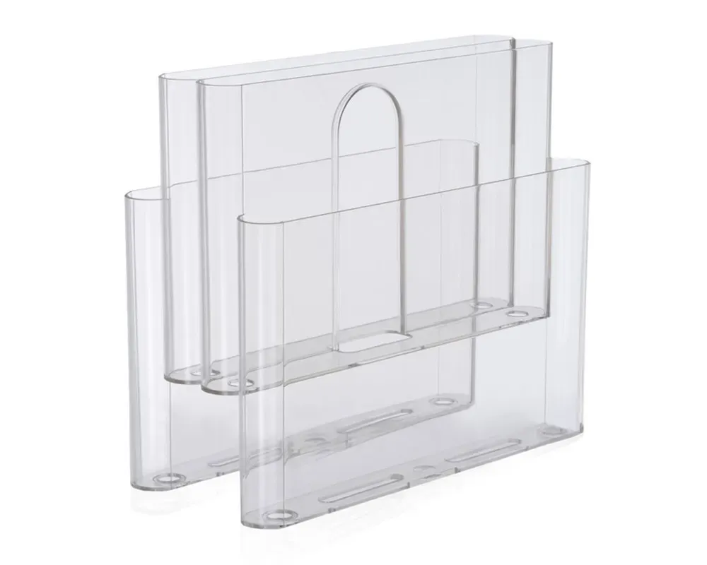 Transparent magazine rack with four compartments.