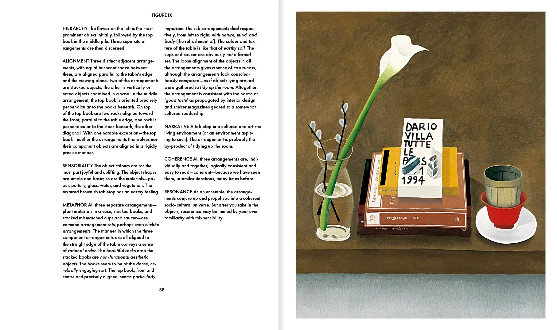 Two-page spread from "Arranging Things" with a painting of a still life on the right and related analysis on the left.