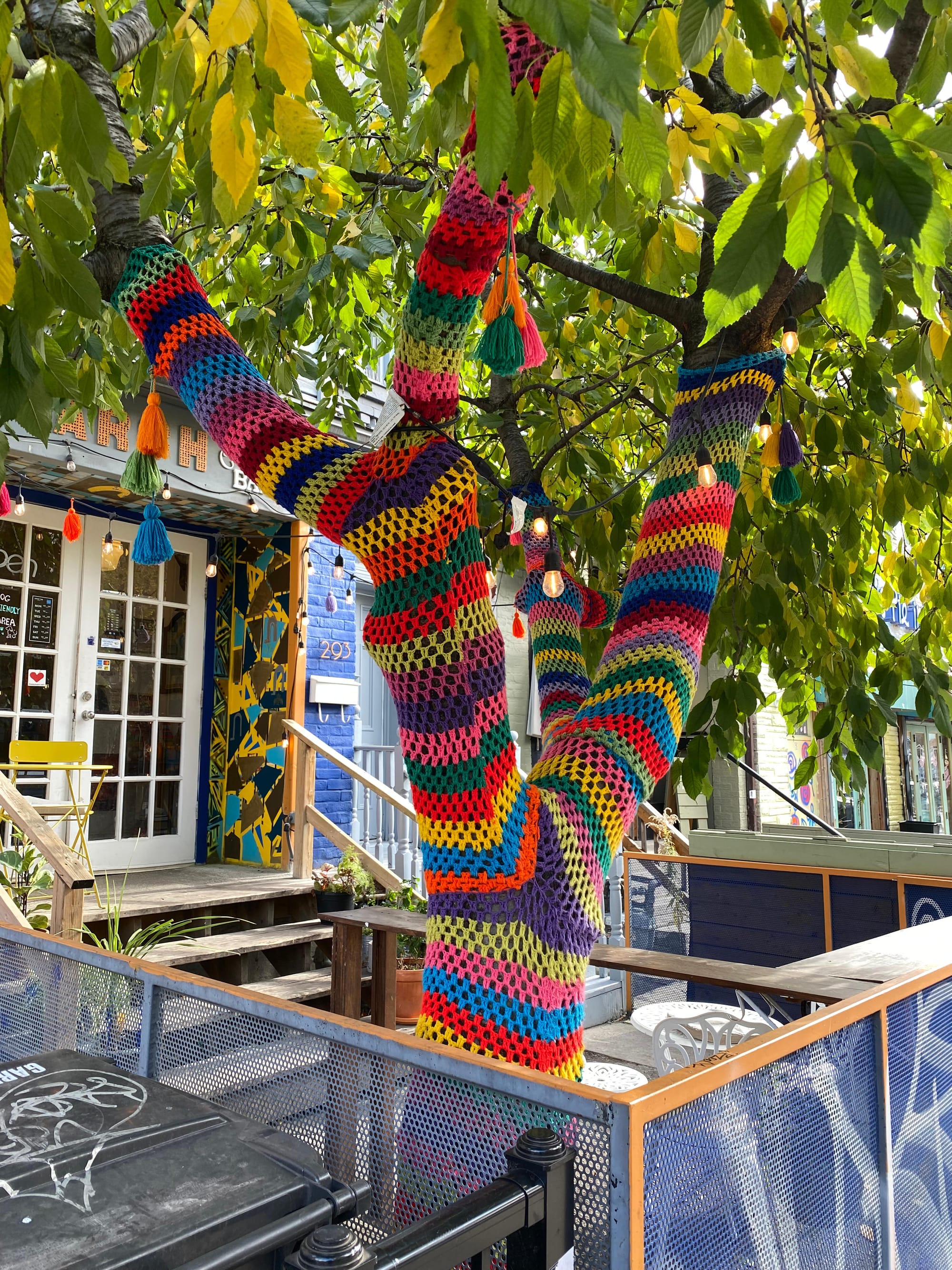 Tree on a restaurant patio, its trunk and main branches covered in brightly coloured crochet.