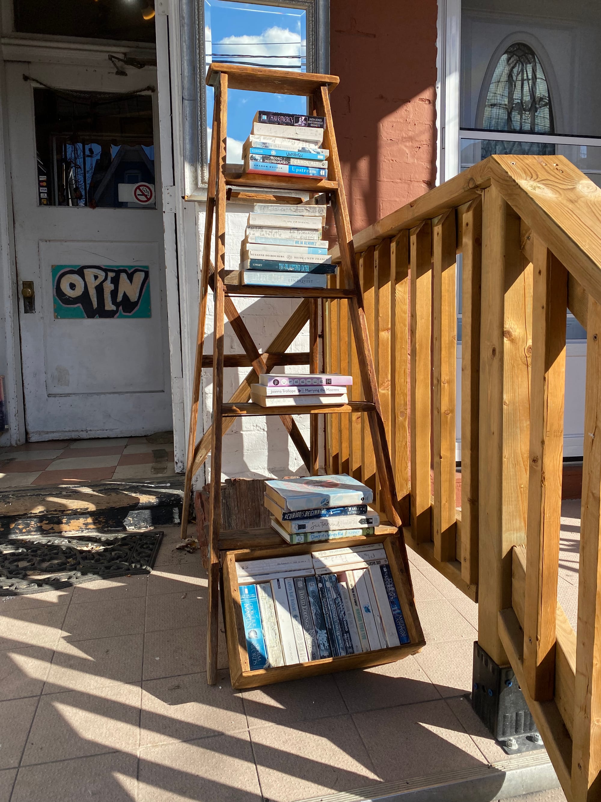 A stepladder with a stack of books on each step.