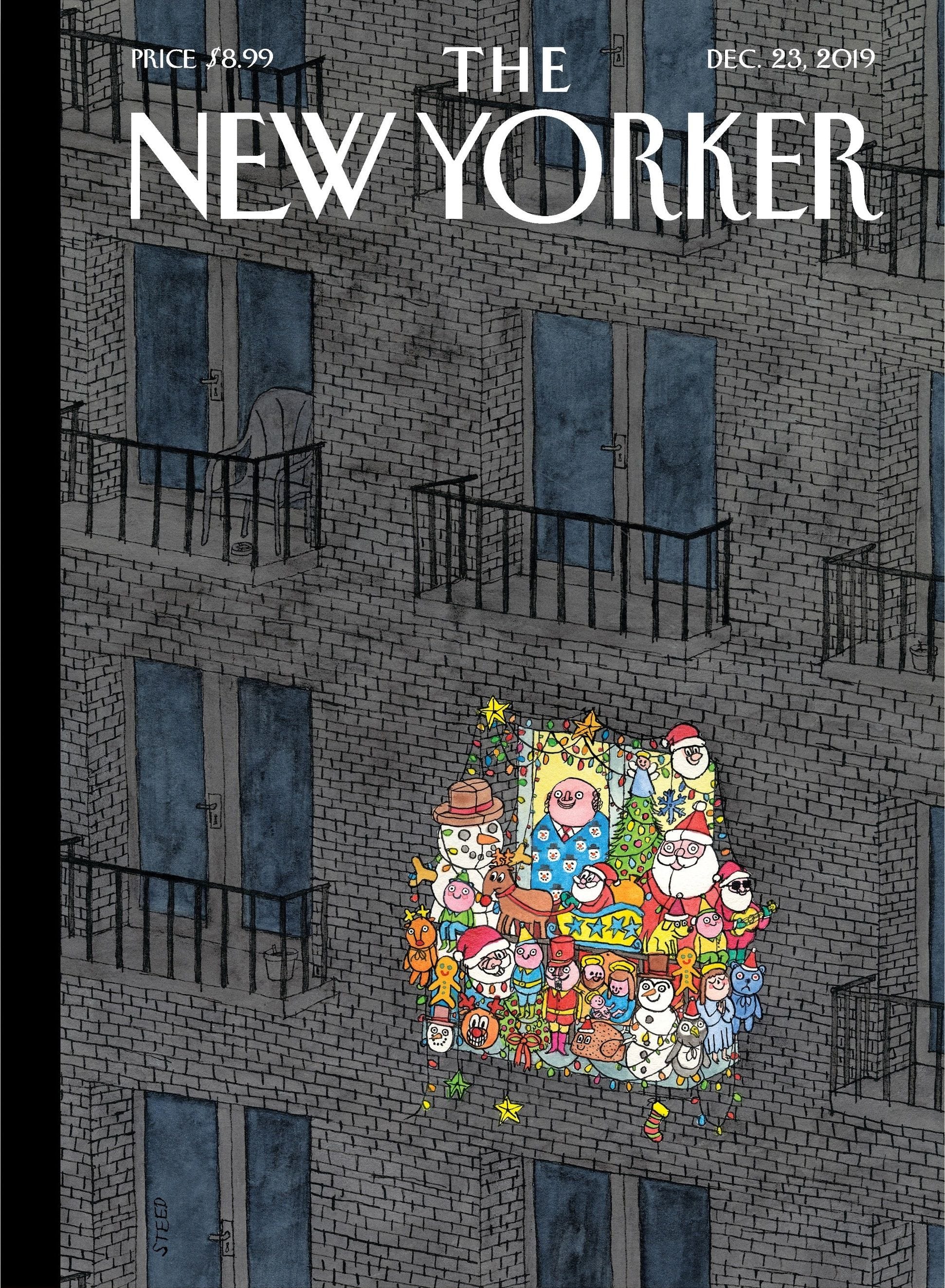 New Yorker cover showing an apartment building facade with only one balcony decorated.