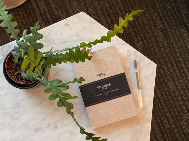 2023 planner on a marble tabletop, along with a plant and a pen.