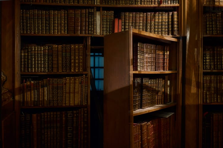 Wall of leather-bound books on shelves, with a section opening like a door to reveal a hidden room.