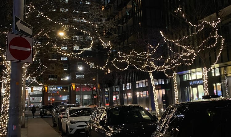 Dark street with strands of white Christmas lights on the trees.