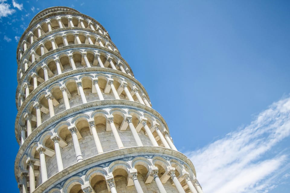 The Leaning Tower of Pisa, viewed from below.